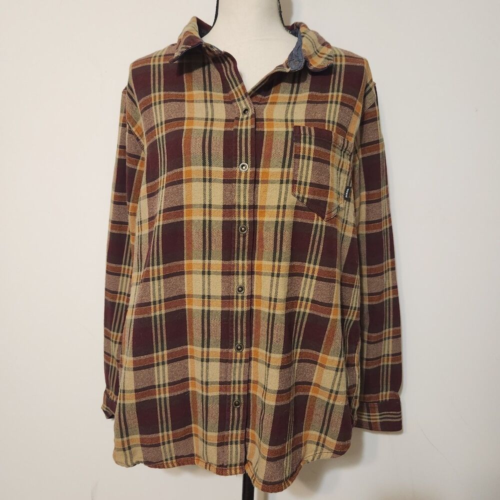 Prana Organic Cotton Brown Plaid flannel Snap Fromt Long Sleeve Shirt - Picture 1 of 10